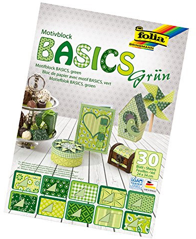 folia 46549 - Motivblock Basics grün sortiert, 24 x 34 cm, 30 Blatt, 10 x Motivkarton, 10 x Motivpapier, 10 x Tonpapier, für vielfältige Bastelarbeiten