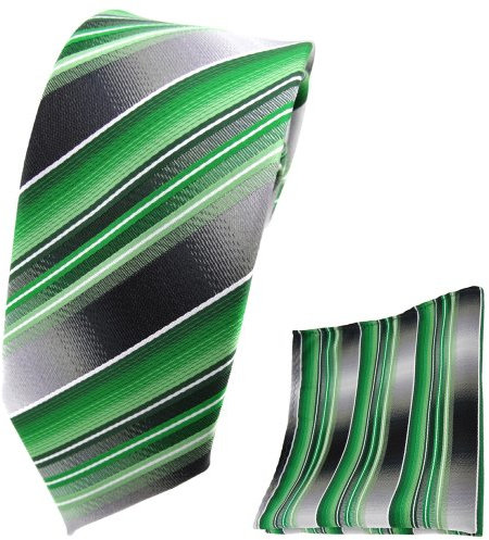 TigerTie - schmale Designer Krawatte Designer Einstecktuch in grün smaragdgrün silber anthrazit grau gestreift - Krawattenbreite 6 cm