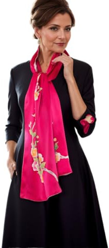 Prettystern - Zweilagig Handbemalter Orientalische Floral Blumen Langer Damen Seidenschal Abendkleid Stola - Pink