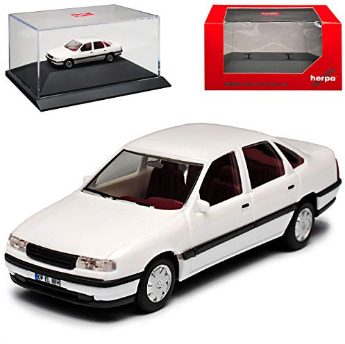 Opel Vectra A Limousine Weiss 1988-1995 mit Sockel und Vitrine H0 1/87 Herpa Modell Auto