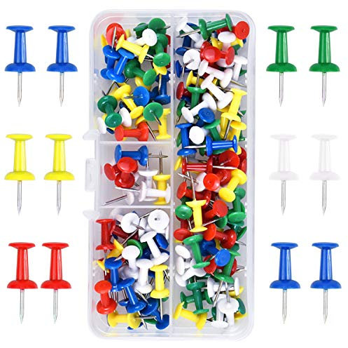 100 Stück Bunten Pinnwandnadeln, Push Pins Pinnadeln in Klarsichtbox, Landkarte Reißzwecken Heftzwecken, Reisszwecke für Karte, Kork Pinnwand und Notiz-Tafeln (5 Farben)