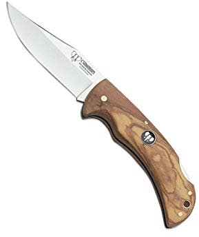 Navaja Cudeman 326-LF hoja de acero ACX-380 de 9,5 cm y empuñadura de madera de olivo de 11 cm con funda de cuero para Caza, Pesca, Supervivencia y bushcraft + Portabotellas Regalo