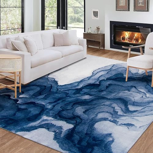 ReaLife Maschinenwaschbar Teppich Läufer - Wohnzimmer Schlafzimmer Badezimmer Küche Flur Büro - rutschfest Kurzflor Premium-Fleckenbeständig - Modern Abstrakt Zeitgenössisch - Ian - Blau - 90 x 150