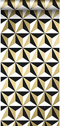 papier peint motif graphique or brillant, blanc et noir 53 cm x 10.05 m - ESTAhome