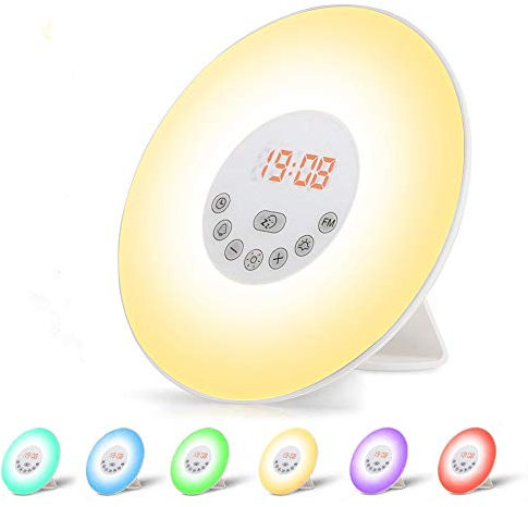 omitium Radio Réveil Lumineux Lampe de Chevet LED Contrôle Tactile Simulation du Lever et du Coucher de Soleil 10 Niveaux de Lumière Snooze 6 Sons Naturels, Veilleuse 7 Couleurs pour Bébé Enfant Adult