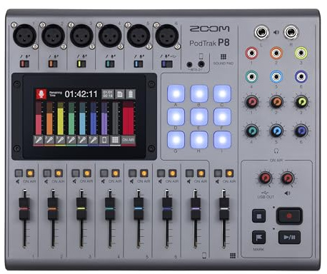Zoom PodTrak P8 Podcast-Recorder, 6 Mikrofoneingänge, 6 Kopfhörerausgänge, Telefoneingang, Soundpads, Onboard-Bearbeitung, Aufnahme auf SD-Karte, USB-Audio-Schnittstelle, batteriebetrieben