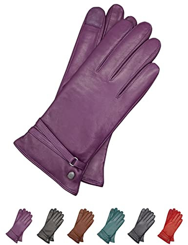 AKAROA ESTD 2019 Lederhandschuhe Damen ISA2, Touchscreen Funktion, italienisches Leder, recyceltes Strickfutter aus 50% Kaschmir und 50% Wolle, 4 Größen S - XL, beere, S - 7