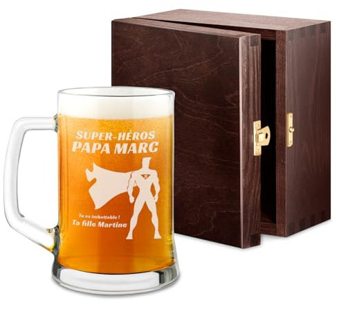 Maverton Chope à Bière Gravée - Contenance : 50 cl – Verre à Bière Papa Personnalisé avec Anse - Cadeaux pour les Amateurs de Bières – Idee Cadeau Homme - Cadeau Personnalisé pour Papa - super-héros