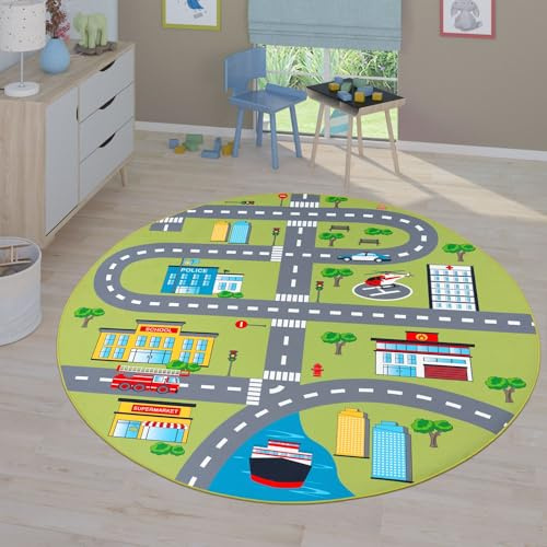 TT Home Kinderzimmerteppich Teppich Junge Mädchen Kinderteppich Baby rutschfest Straße, Farbe:Grün 2, Größe:200 cm Rund
