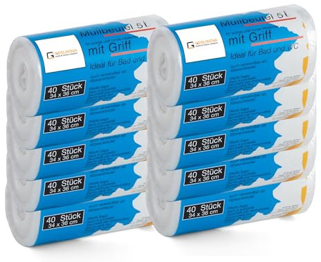 400 Stück Müllbeutel Premiumline: 5 Liter, 10er Pack, Größe: 34 x 36 cm - Besonders reißfest und wasserdicht - Mit Trage-Griff/Henkel