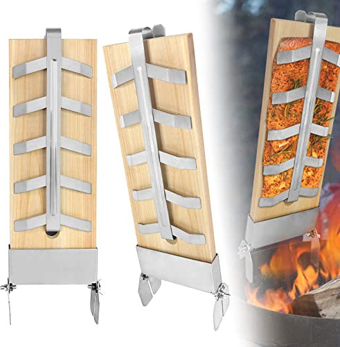 NAIZY Flammlachsbrett 2X Flammlachsbretter mit Edelstahl-Halterung Lachsbretter 5 Stufen Einstellbar Flammlachs für Feuerschale zum Grillen Outdoor Grill Zedernholzbrett Belastbarkeit bis 2,5KG