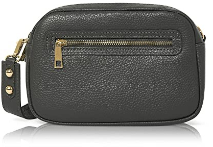 Montte Di Jinne - Frauen italienische weiche Leder mittlere Größe Crossbody Tasche Kameratasche Schultertasche mit zwei Fächern, dunkelgrau, L:23CM; H:16CM ;W:8CM.