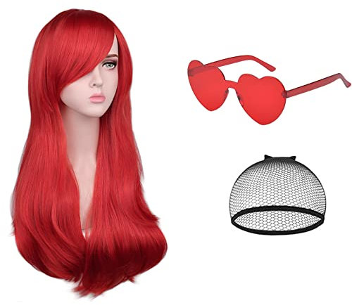 Aomig Lange lockige Haar Perücken für Frauen, Natürlich Synthetische Perücke mit Pony für Damen, Wavy Hitzebeständige Perücken mit Brille Haarnetz für Alltag/Party/Cosplay(Rot)