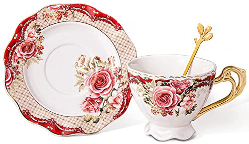 fanquare Rote Florale Kaffeetasse mit Untertasse, Porzellan Tee Tasse mit Goldrand, Kaffee Tasse Set für die Hochzeit