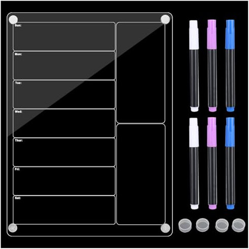 XTDMJ Magnetischer Wochenplaner-Acrylic Transparent Kühlschrank Kalender-Wochenplaner Kühlschrankkalender Planner mit 6 Farbigen Markern Menü-Planer Magnettafel