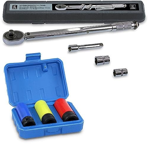 ENVA Profi Drehmomentschlüssel 10-210 Nm + Kraft Stecknüsse Set 3TLG. inkl. Verlängerung für Auto Reparatur & Wartung