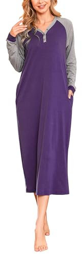 Lovasy Camicia da Notte da Donna Camicia da Notte a Maniche Lunghe Raglan in Cotone con Tasche,Viola,M