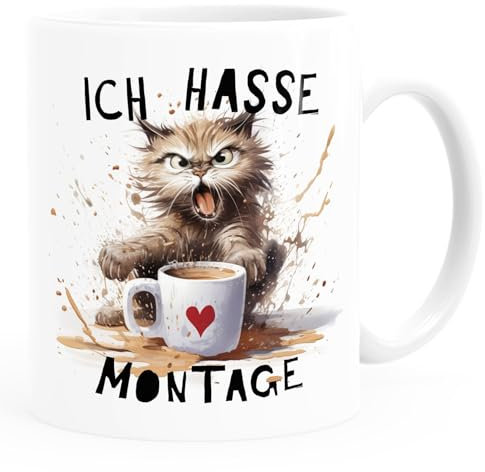 MoonWorks® Kaffee-Tasse mit Spruch Ich hasse Montage Motiv Katze Bürotasse lustige Kaffeebecher weiß standard