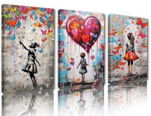 Tucocoo Kunstwerke für Zuhause, Wände, Banksy, Schmetterling, kleines Mädchen, Straße, Pop-Art-Gemälde, 3 Stück, Leinwand, Graffiti, Liebe, modernes Kunstwerk, Heimdekoration für Wohnzimmer, gerahmt,