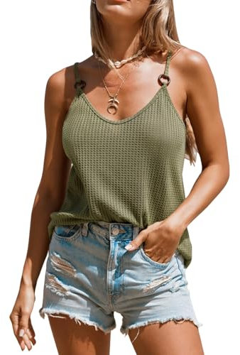 CUPSHE Damen Tank Top V Ausschnitt Ärmellose Ringen Spaghetti Oberteile Cami Tee Bluse Shirt Sommer Vest Knit Tops Grün M