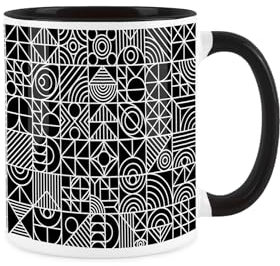 Purely Home Geometric Mug - Black & White Monochrome Patterned Black Cup - Tea Coffee Gift/Present Ceramic Mug