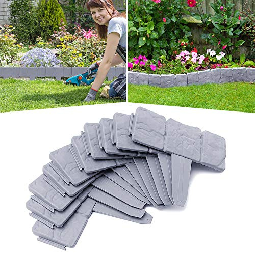 FIVMEN 12,5M Rasenkante Kunststoff Beeteinfassung T-Form Beetumrandung mit Bodenspieß & Schnalle, Flexible Schneidebar Gartenpalisade, Hellgrau (50pcs, 25x23cm)