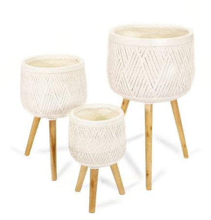 NATINDESIGN Blumentopf mit Beinen Vintage Weiß 3er Set | In- und Outdoor | Blumentopf mit Füßen Weiß | Echtholz Beine und Fibreclay Blumenkübel (3er Set)