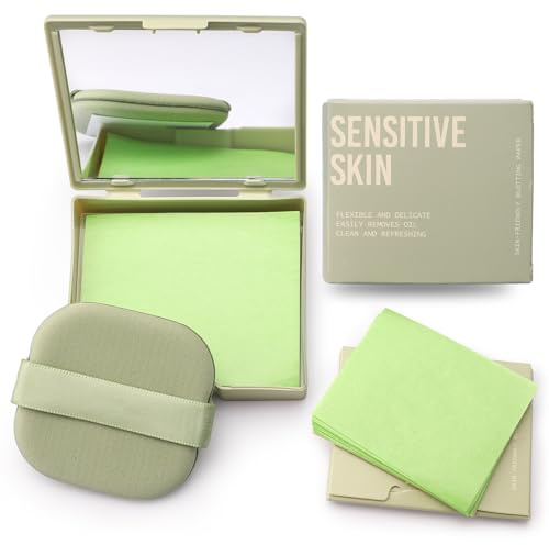 Erinde 300 Stück Oil Control Paper, Blotting Paper mit Spiegel und Puff, Gesichts Löschpapier für Fettige Haut, Natürliche Talgkontrolle, Entfernt überschüssiges Hautfett, für ein Mattes Finish