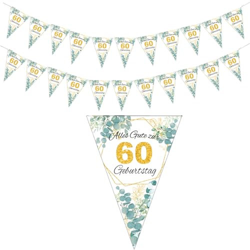 60. Geburtstag Girlande Banner Grün Gold - Wimpelkette 60 Jahre - Happy Birthday Deko zum Aufhängen für Frauen und Mann