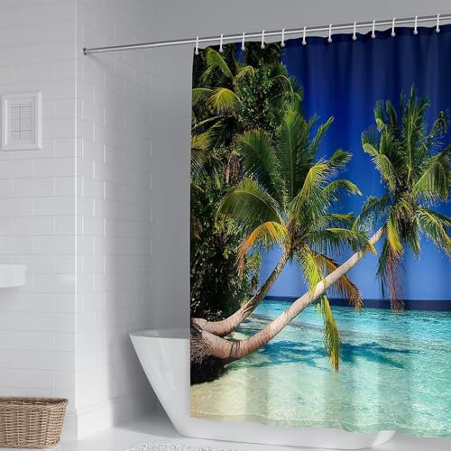 Whoiy Rideaux Douche Tissu Polyester Anti Moisissure 180 cm Hauteur, Rideau de Douche Motif Arbre et Mer Vert Bleu Moderne Rideau de Baignoire Lavable Paysage Naturel 150 x 180 cm