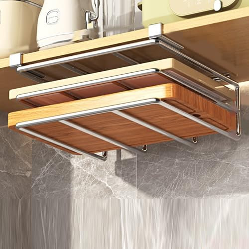Cutting Board Organizer Under Cabinet, 10.4x11.8x2.4inch Space Saving Metal Cutting Board Holder, Under Shelf Counter Chopping Board Rack, Pot Lid Holder for Cabinet Door (Silver)
