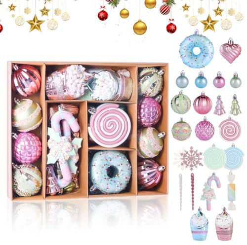 MTKN 48 Boules de Noël en Plastique, Boules pailletées incassables, Couleurs Macaron, Avec crochets et boîte de Rangement, Ensemble de décorations Pour sapin de Noël