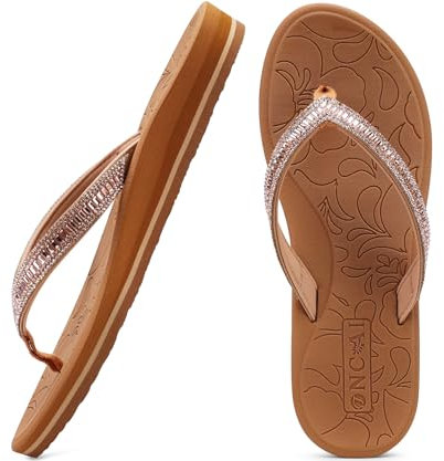 ONCAI Damen Zehentrenner Flip Flops mit Glitter Indoor/Outdoor Sommer Schwimmbad Strand Komfort Strand Plattform Angenehme Sandalen Badelatschen mit Orthopädie Arch Support Khaki Größe 38 EU