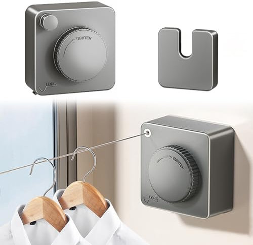 Feelhap Tendedero Retractable, 4,8M Ajustable Inoxidable Cuerda Retractil Pared Cuerda Retractable Interior y Exteriores, Tendedero Extensible de Pared Tendedero de Acero Inoxidable para Baño (Gris)