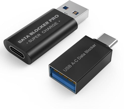 MMOBIEL USB Data Blocker 2-Pack USB-C to A & A to C Charge-Only Adapters – Anti Juice Jacking, Safe Travel Charging, No Data Transfer – Blocking Defender – Black