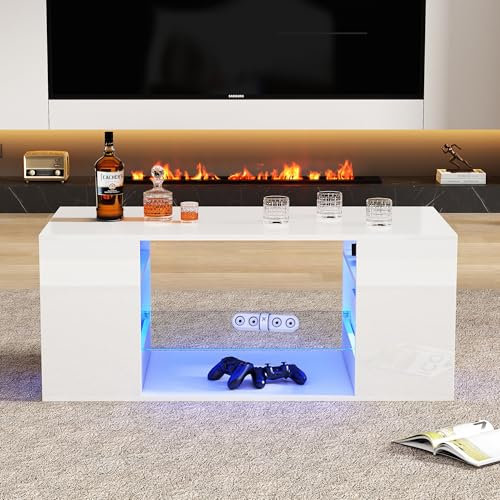 Shye Mesa de centro de alto brillo con cristal, mesas de centro LED, mesa de café blanca, varios almacenamientos, 96 x 45 x 45 cm