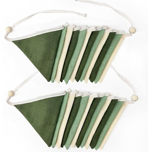 2 Stück Salbeigrüne Wimpelbanner Fahnen Kinderzimmer-Girlande Olivgrüner Stoff Leinen Dreieckige Luftschlangen für Babyzimmer Dekoration Kinder Dschungel Safari Sommer Geburtstag Babyparty Boho-Party