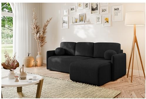 MEBLINI Schlafcouch mit Bettkasten - Kleines Ecksofa mit Schlaffunktion - Sofa mit Relaxfunktion und Kissen - Kleine Couch L-Form - Eckcouch - Vesper - 215x147x94cm - Rechts - Schwarz Boucle