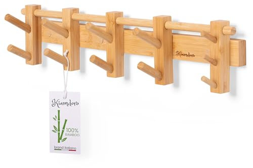 KIAMDORO - Attaccapanni a muro - 58cm - Appendiabiti da parete legno - 4 Ganci Doppi di cui 2 mobili - Appendino da muro - Portachiavi da parete design (1)