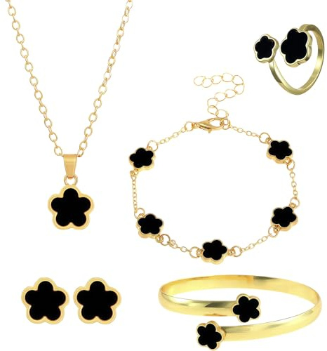 GWAWG Four Leaf Clover Jewellery Set, 5Pcs Gold Jewellery Sets for Women with Clover Necklace, Bracelet, Earrings, Ring Elegant Lucky Jewellery Gift for Birthday, Valentine’s, Mother’s Day