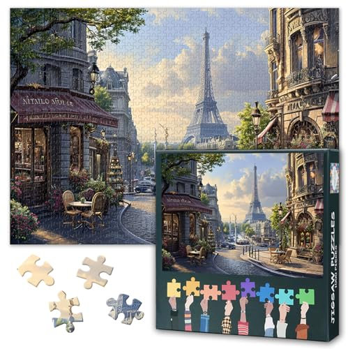 Puzzles for Adults 1000 Pieces - Parisian Cityscape Jigsaw Puzzle with Eiffel Tower & Bustling Café Artwork, Vibrant Street Scene Adult Puzzles 1000 Pieces, 27.5x19.7 Inches