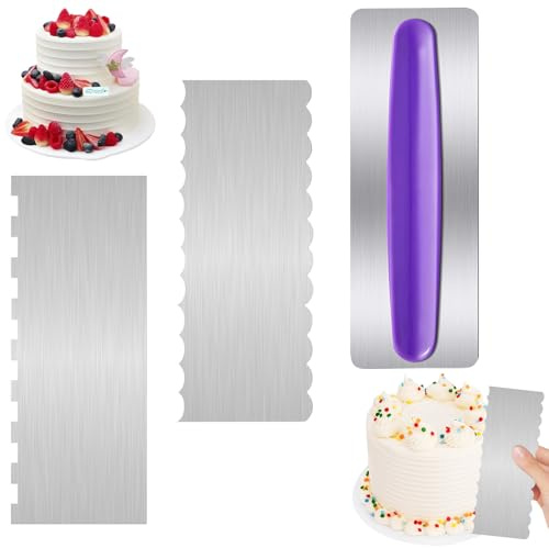 XIATIAN Cake Scraper, 3 Pcs Metal Cakes Scraper Buttercream Smoother | 3 Cake Scrapers with Different Designs, Double Sided Design, Easy to Use for Cream Cake Decorating