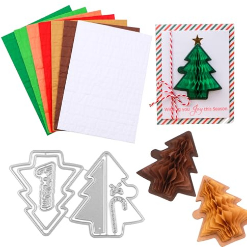 OTCRAFT Juego de 8 almohadillas de papel de panal y troqueles de corte de árbol de Navidad, con imanes blancos. Para manualidades 3D y tarjetas desplegables; 30 capas de 2 cm, línea de pegamento
