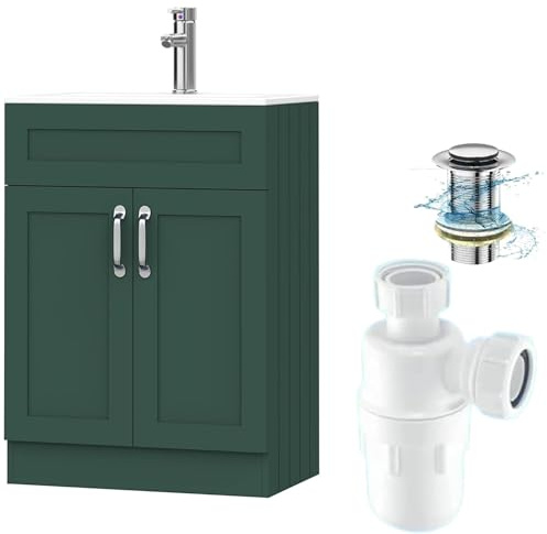BELOFAY 600mm Under Sink Bathroom Cabinet Floor Standing Storage Cupboard Basin Vanity Unit, 600mm Laquered Cloakroom Vanity Unit with Basin, Trap and Waste, Tap not included (Crawley Green)