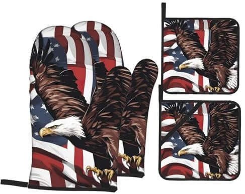 Eagle with USA Flag Print Kitchen Baking Oven Mitts and Heat Insulation Pot Holders Sets for Cooking BBQ