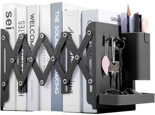 Qualsen Serre Livre Métal Rétractable, pour Étagère, Bureau, Noir, 1 Pièce | Cale Livre avec Porte-Stylo, Crochets, Petits Plateaux Réglable 50cm Presse Livre pour l'école, Maison, la Bibliothèque