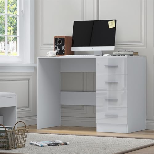 Reflect 4 Drawer Desk/Dressing Table | White Gloss & Matt White | Modern Bedroom Storage for Vanity, Work or Study | H: 72cm x W: 99cm x D: 39.5cm