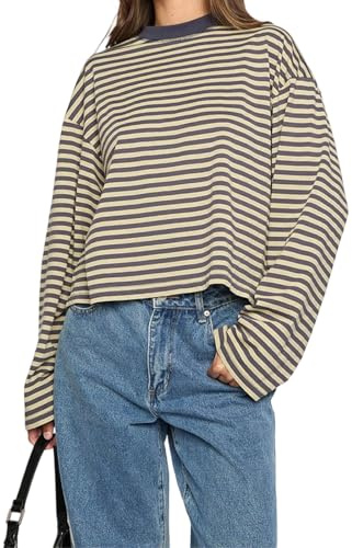Women Striped Long Sleeve Top Crew Neck Color Block Tee Shirts Loose Basic T Shirt Fall Fashion 2025 (Yellow, S)