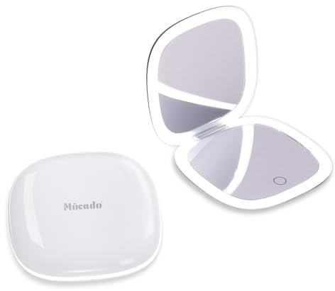 Mocado Taschenspiegel mit Licht, 1/10 Fach Vergrößerungsspiegel 10cm, Beidseitig Reisespiegel mit 3 Farbenverstellbare Leuchten, Wiederaufladbar & Touchscreen, Kleiner Spiegel(Weiß)