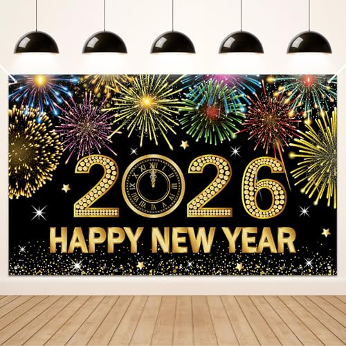 Koliphy Silvester Deko 2026, Happy New Year Banner Silvester Party Stoff Hintergrund Dekoration, 2026 Neujahr Banner Deko für Drinnen & Draußen, 180 x 110cm